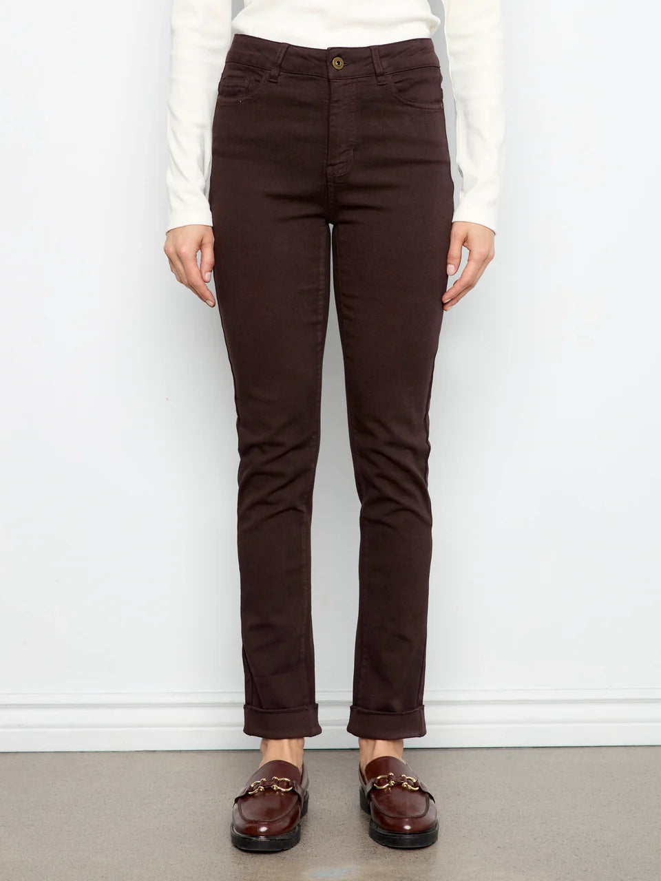 Cuffed Hem Twill Jeans in Coffee
