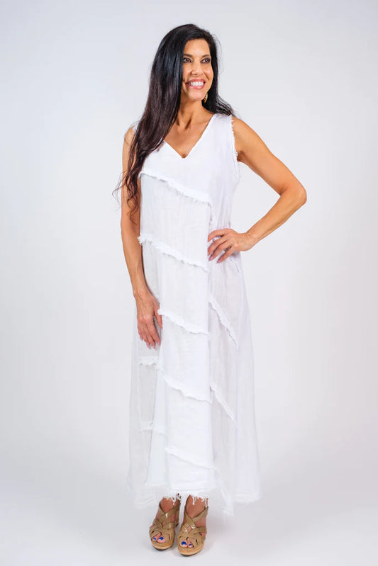 Wanita Diagonal Raw Edge Linen Dress - The French Shoppe
