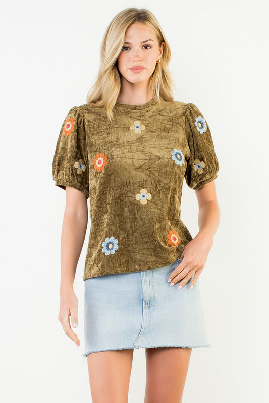 Velvet Embroidered Puff Sleeve Blouse