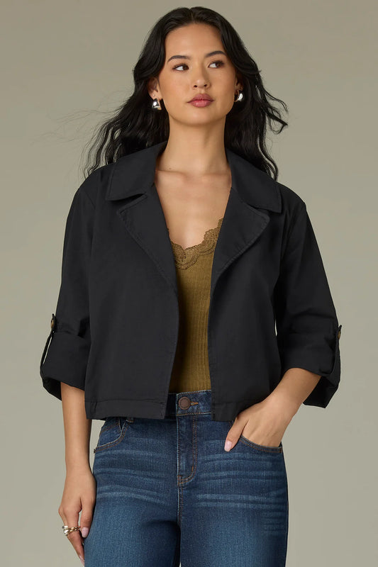 Long Sleeve Roll Tab Collar Neck Open Front Woven Jacket