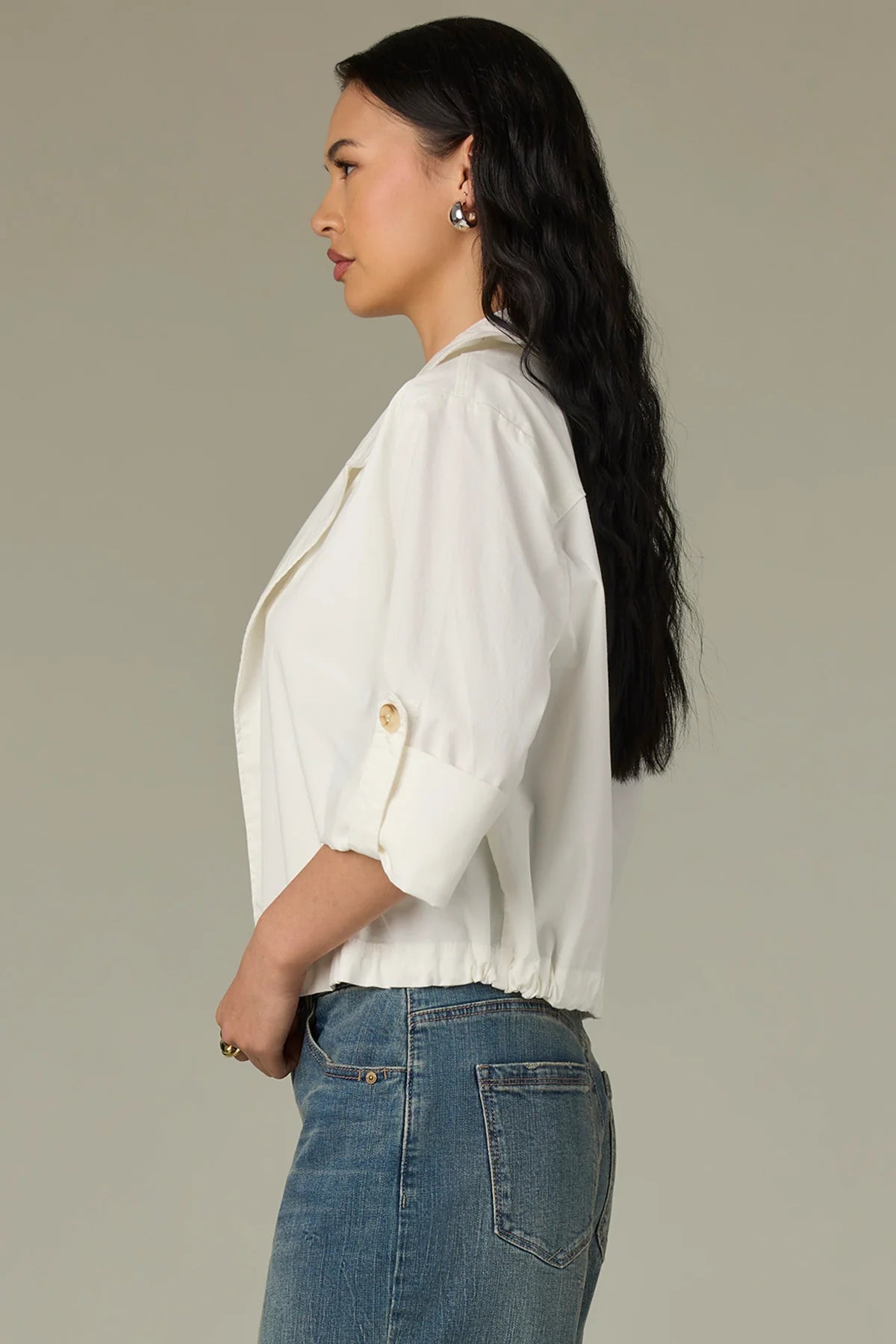 Long Sleeve Roll Tab Collar Neck Open Front Woven Jacket