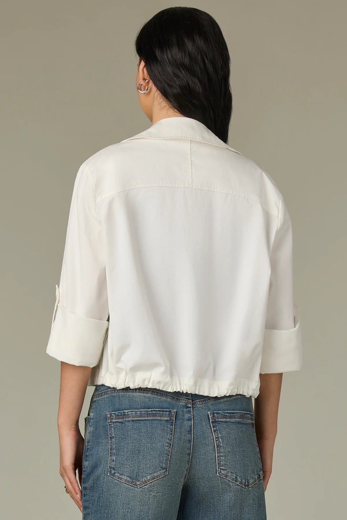 Long Sleeve Roll Tab Collar Neck Open Front Woven Jacket