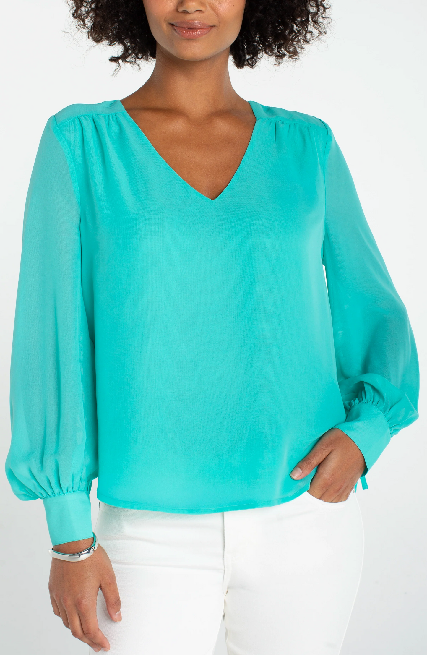 Long Sleeve Woven Blouse with Sleeve Tie