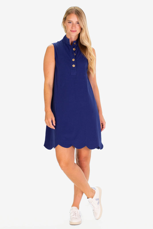Pique Scalloped Kingston Dress in Royal Navy - The French Shoppe
