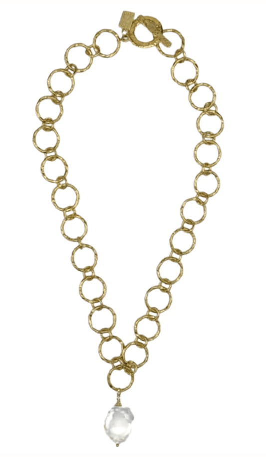 Hammered Round Gold Chain with Wild Pearl Drop - The French Shoppe