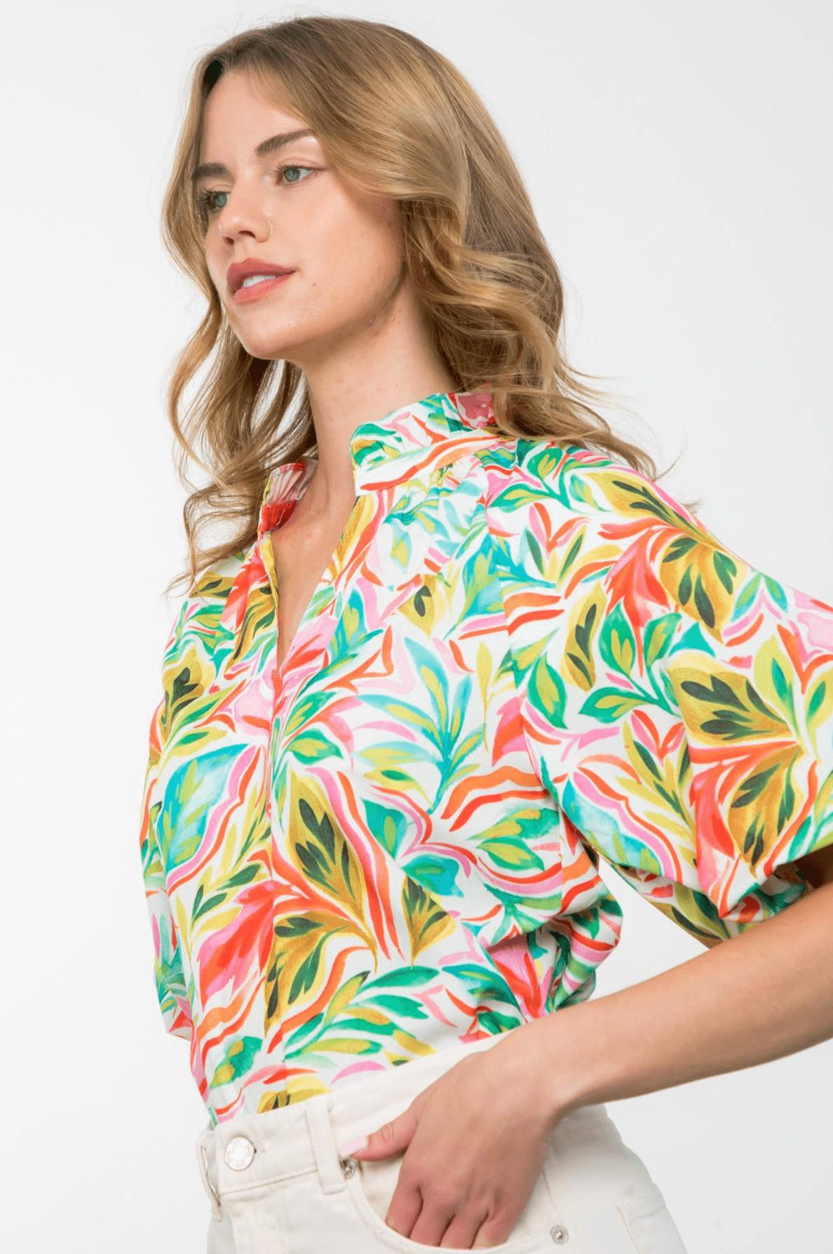 Puff Sleeve Multi Color Print Top - The French Shoppe