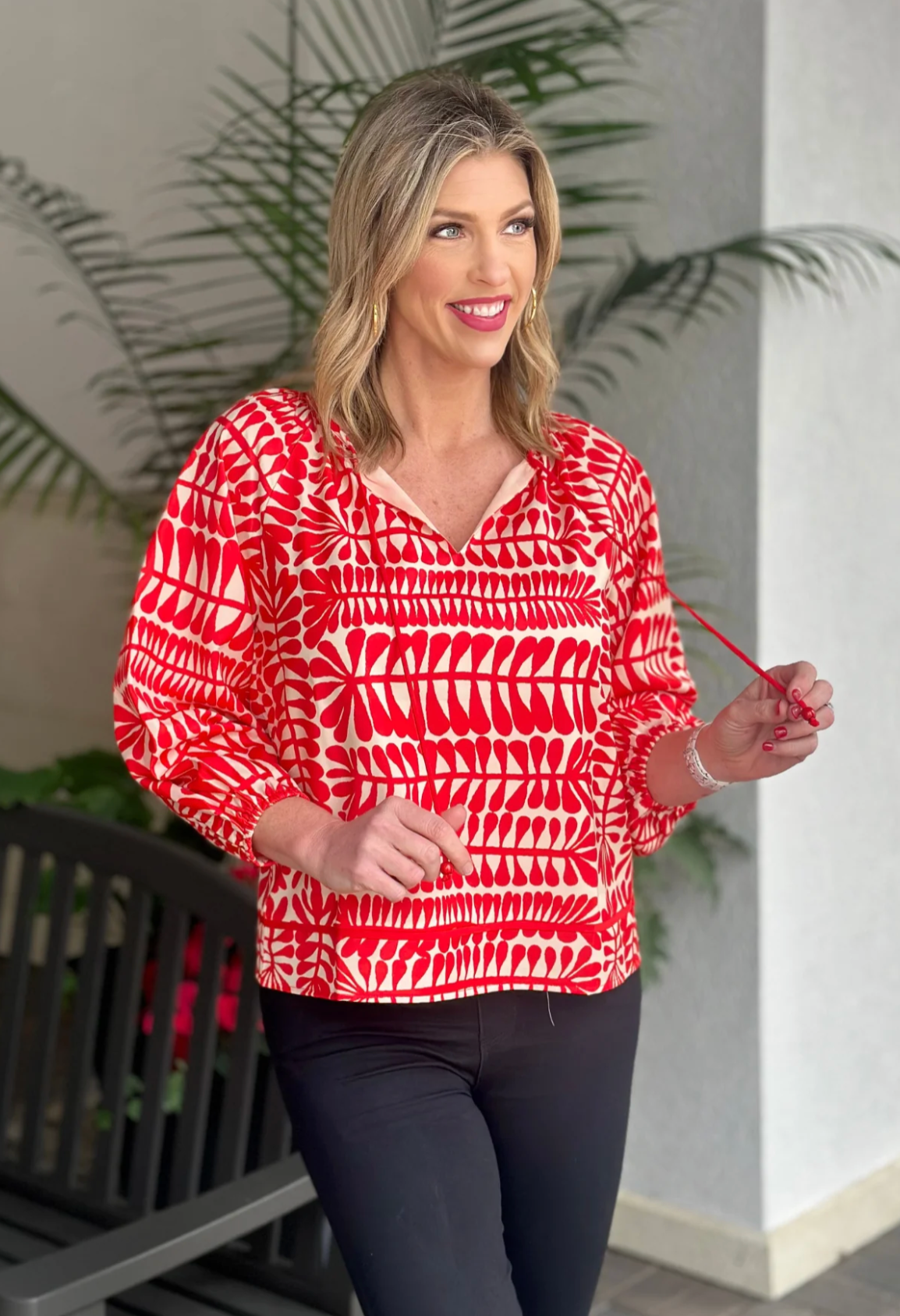 Rowan Trim Peasant Blouse in Red - The French Shoppe