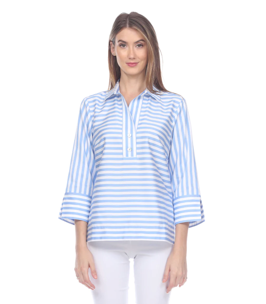Aileen 3/4 Sleeve Stripe & Gingham Combo Top - The French Shoppe