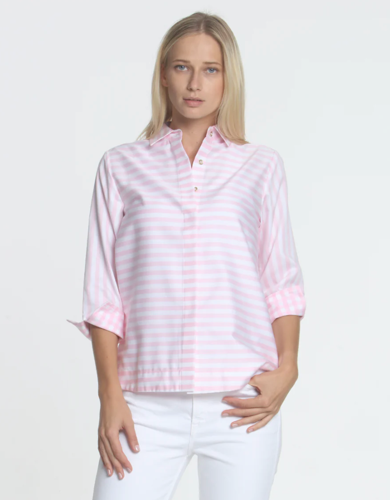 Xena 3/4 Sleeve Stripe/Gingham Combo Shirt in Soft Pink and White - The French Shoppe