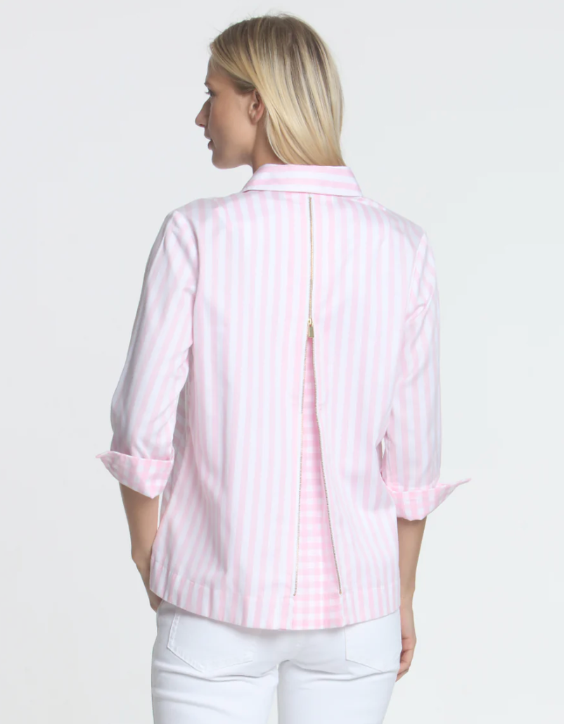 Xena 3/4 Sleeve Stripe/Gingham Combo Shirt in Soft Pink and White - The French Shoppe
