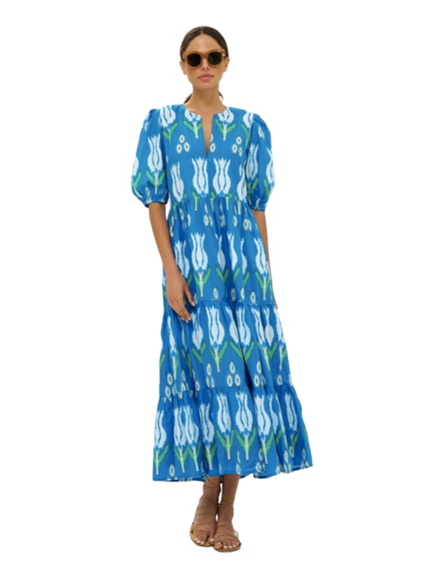 Puff Sleeve Maxi Dress in Blue Sumba - The French Shoppe