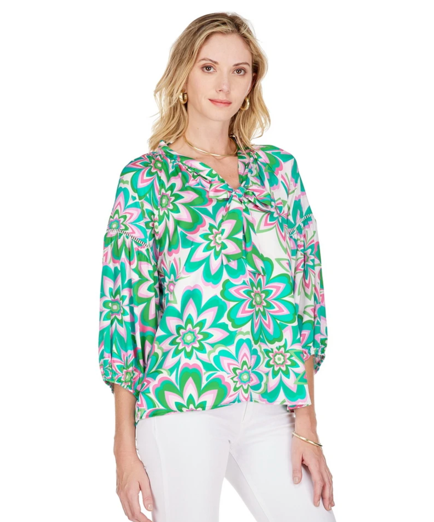 Print Top with Bow in Flower Burst - The French Shoppe