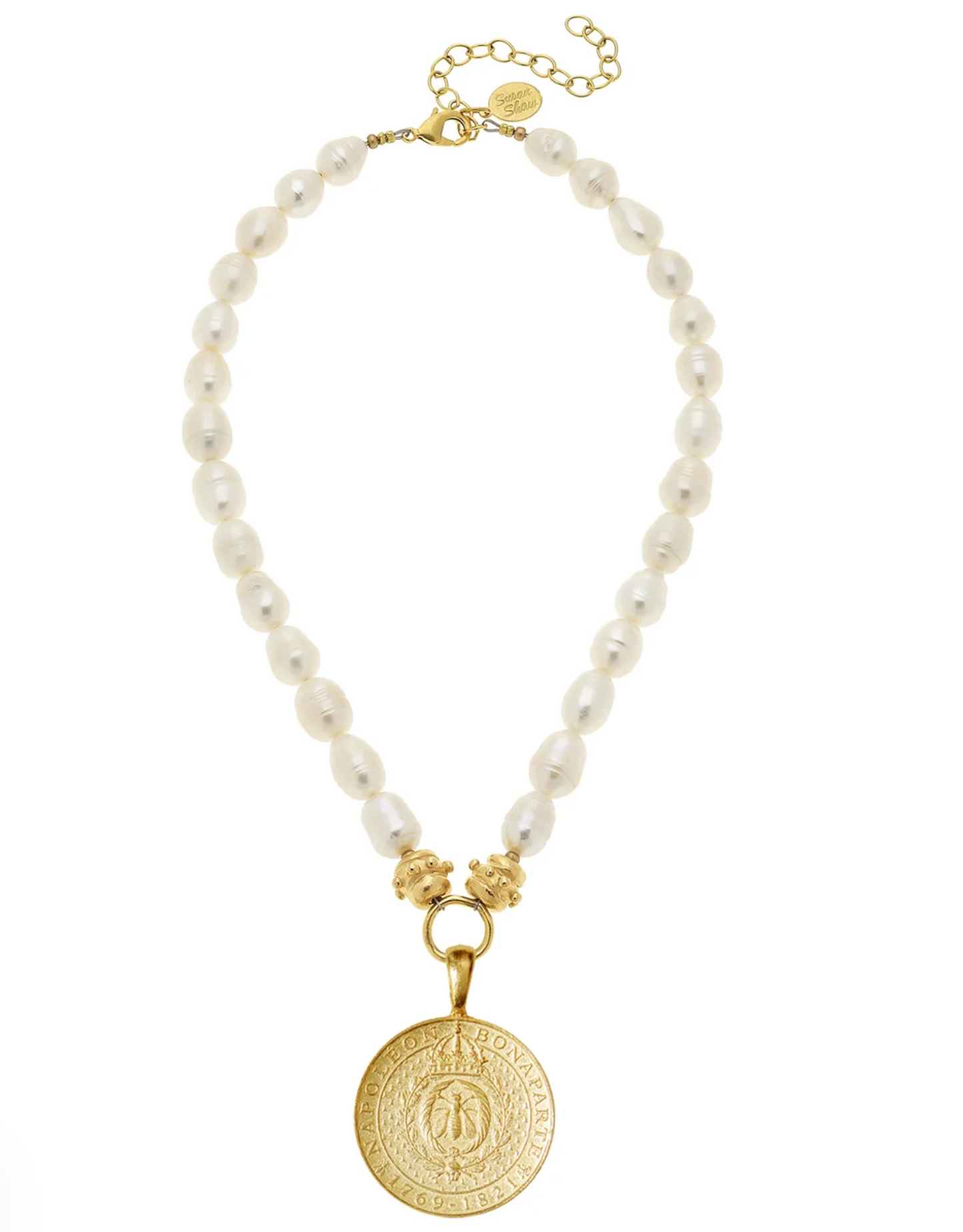 Gold Napoleon Bee Coin on Freshwater Pearl Necklace - The French Shoppe