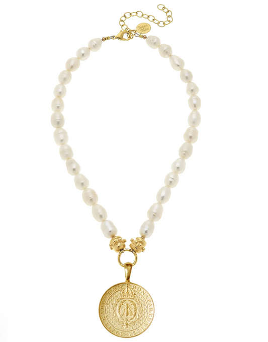 Gold Napoleon Bee Coin on Freshwater Pearl Necklace - The French Shoppe