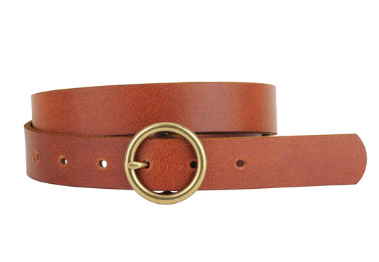Brass-Toned Circle Buckle Leather Belt - The French Shoppe