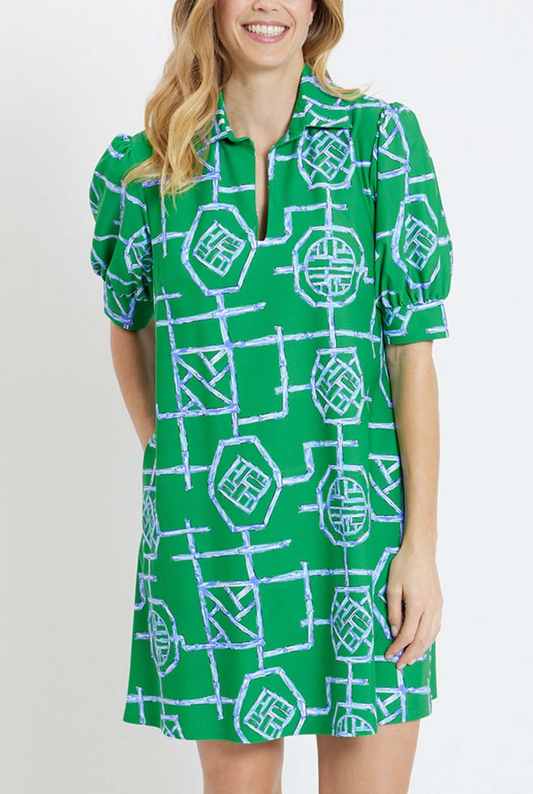 Emerson Dress in Decorative Bamboo Green - The French Shoppe