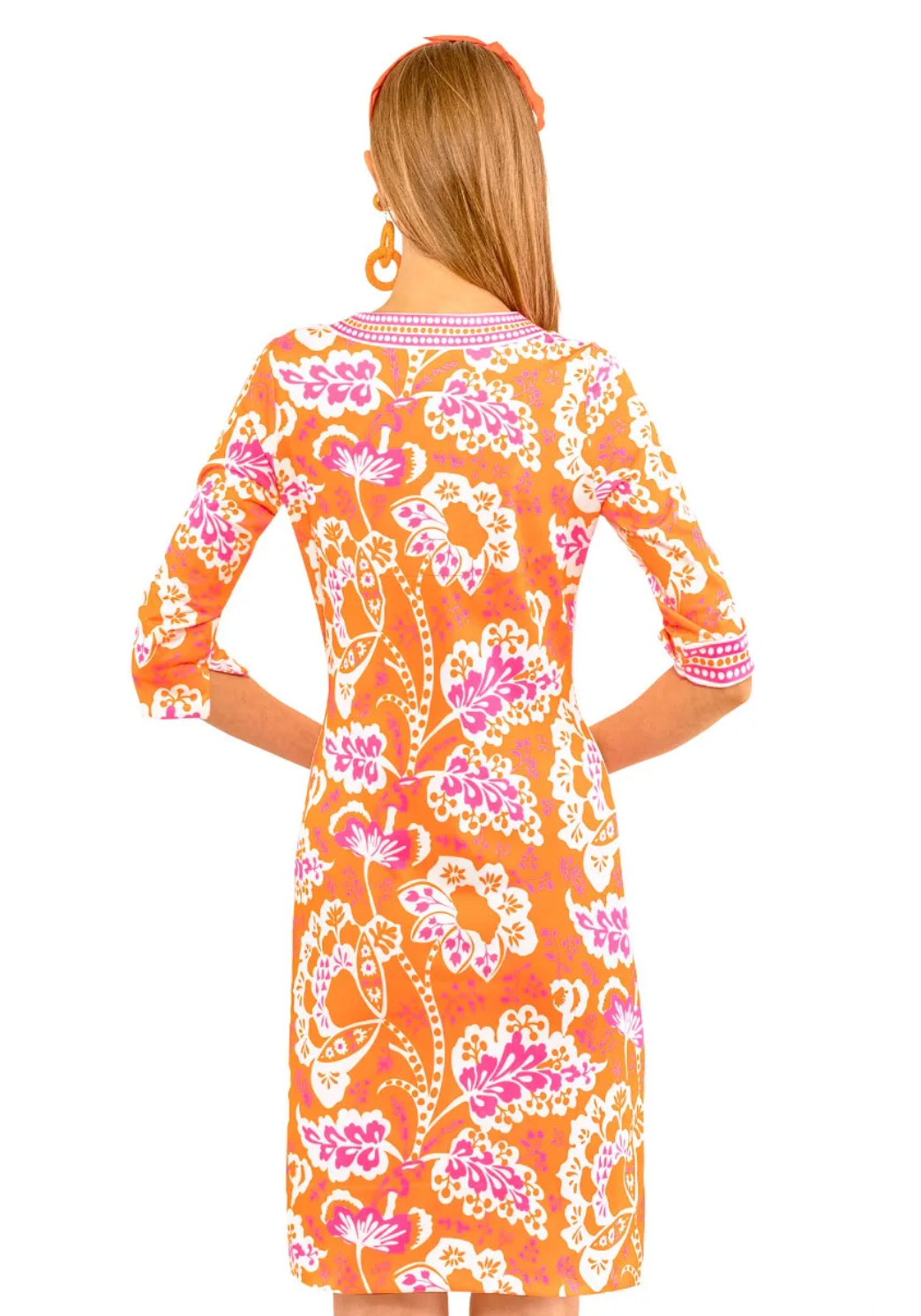 Split Neck Dress in Pink and Orange - The French Shoppe