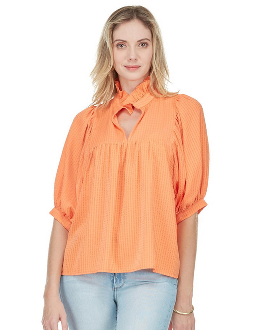 Ruffle Neck Top in Orange - The French Shoppe