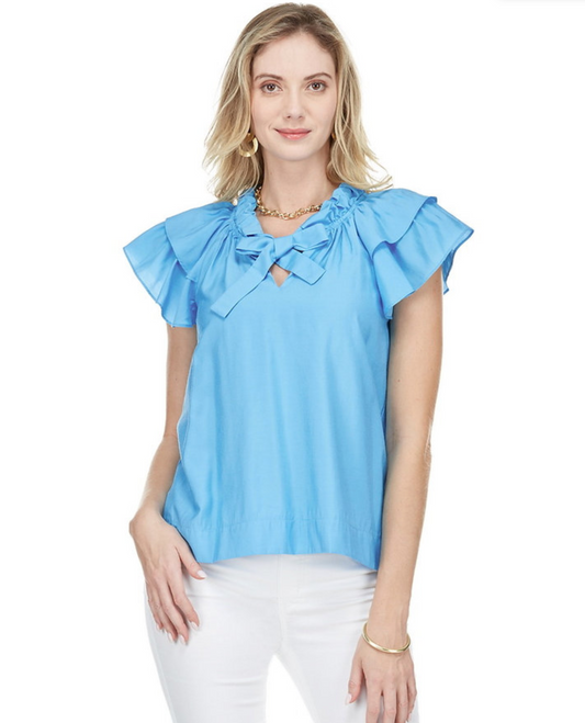 Short Sleeved Ruffle Top in Turquoise - The French Shoppe