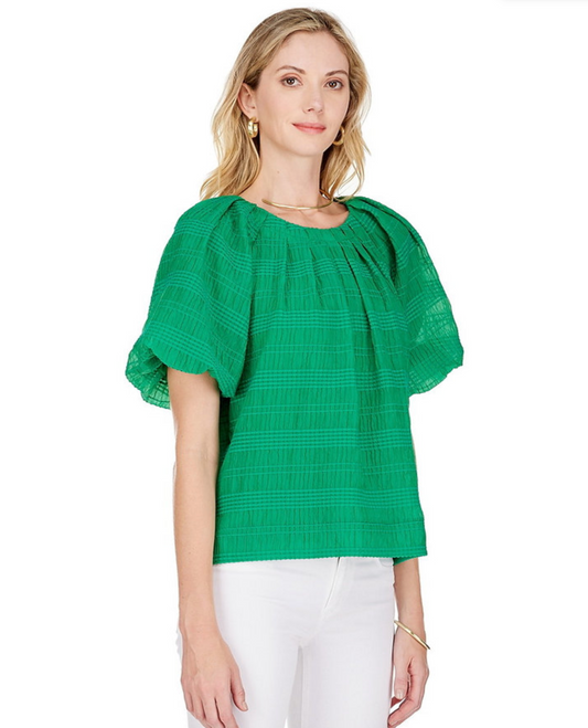 Textured Stripe Puff Sleeve Top in Green - The French Shoppe
