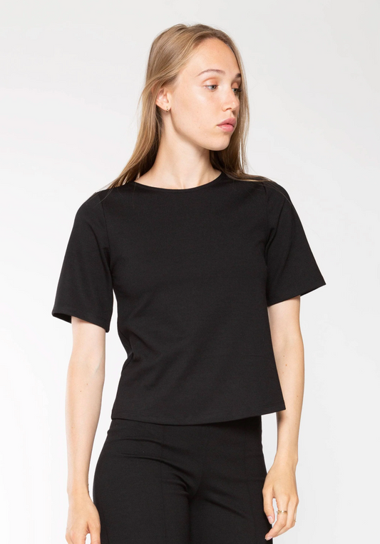 Ponte Knit Short Sleeve Top in Black - The French Shoppe
