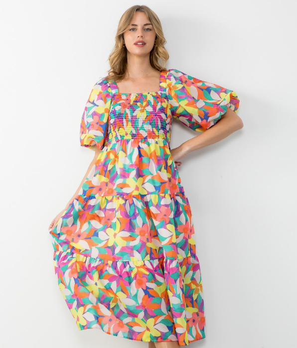 Puff Sleeve Tiered Flower Print Dress - The French Shoppe