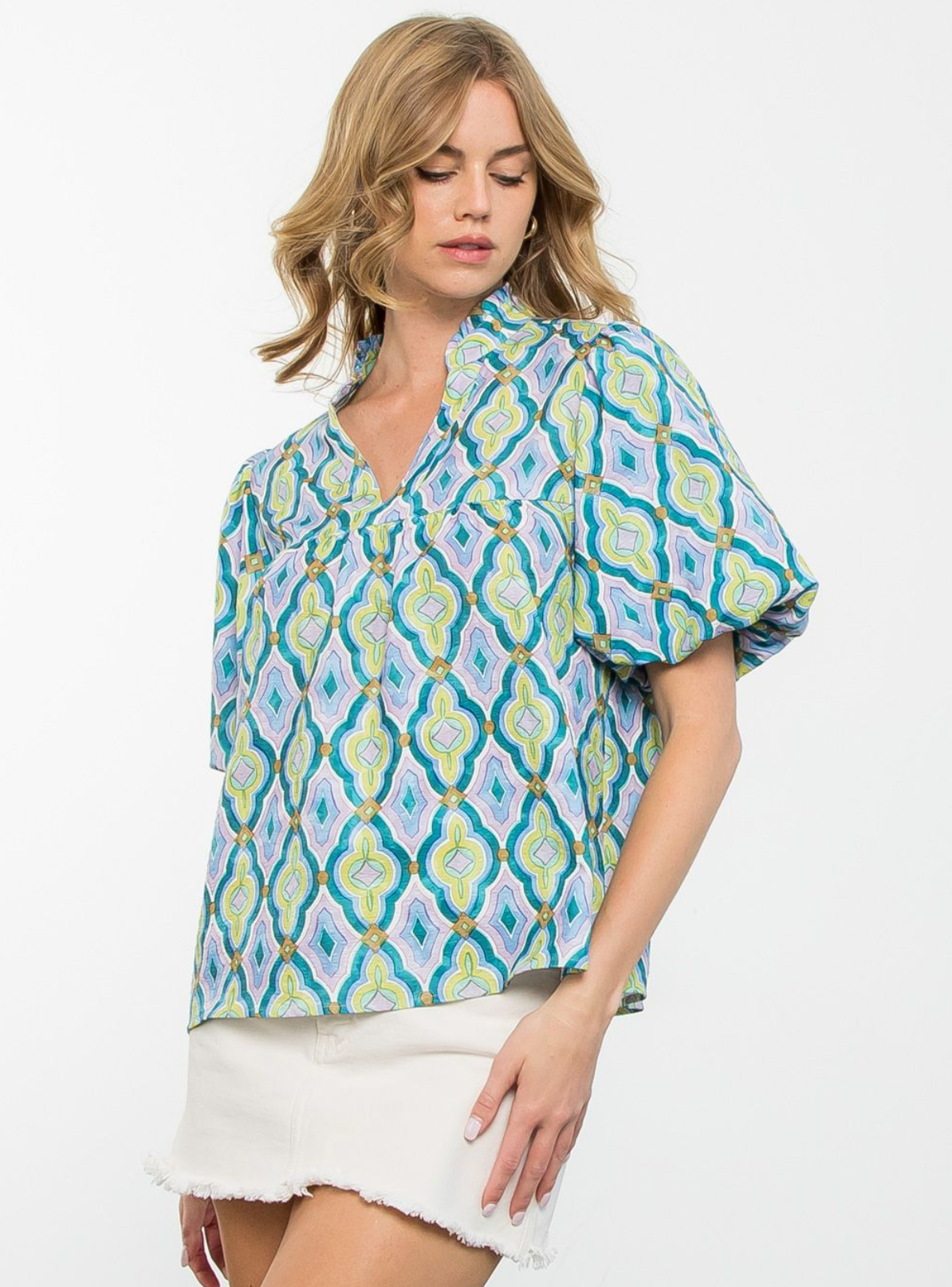 Puff Sleeve Pattern Blouse - The French Shoppe