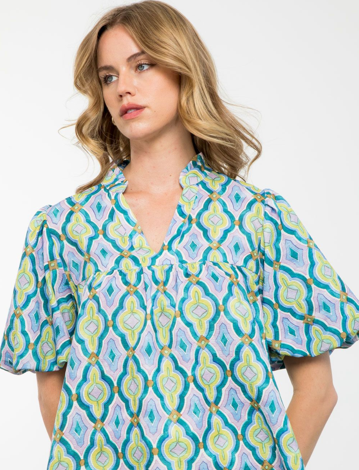 Puff Sleeve Pattern Blouse - The French Shoppe