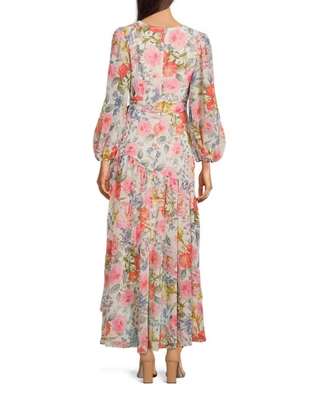 Chiffon Ruffle V-Neck Long Blouson Sleeve Tie Waist High-Low Faux Wrap Maxi Dress in Blush Floral - The French Shoppe