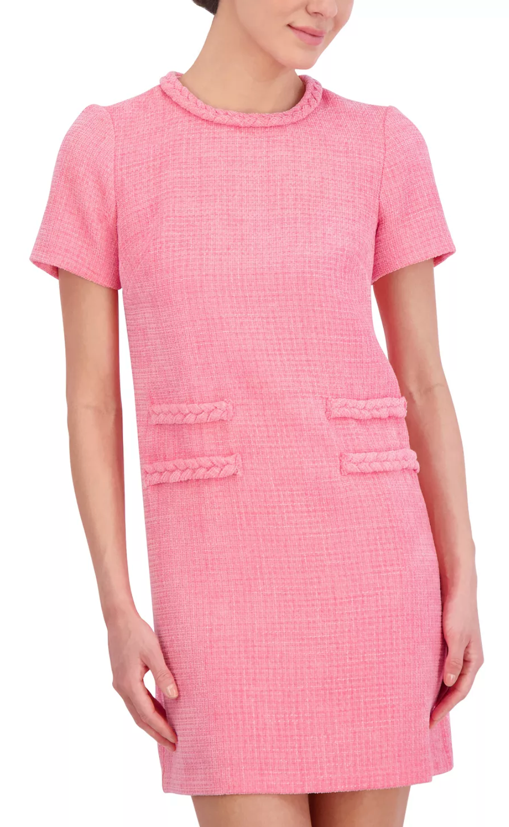 Braided Trim Boucle Shift Dress in Pink - The French Shoppe