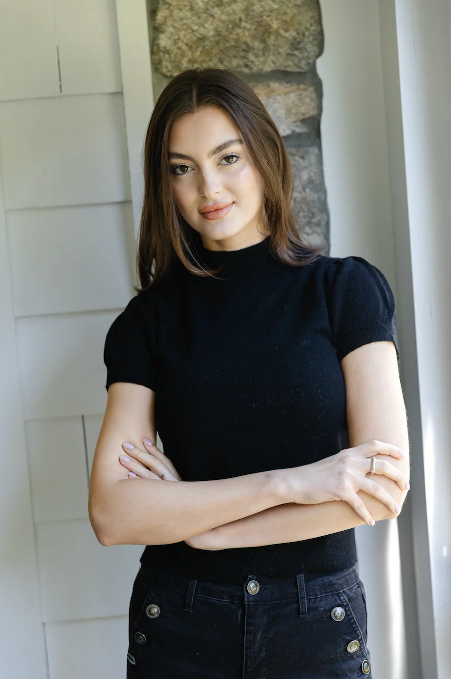 Black Short Puff Sleeve Sweater