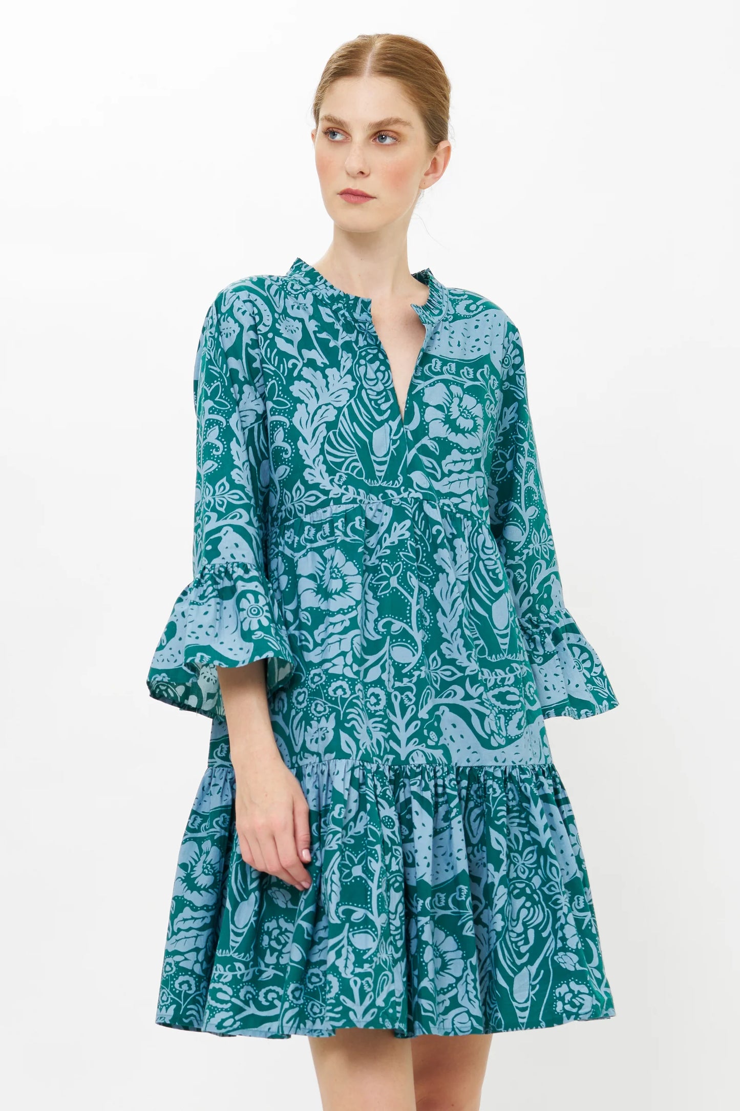 Bell Sleeve Tiered Mini in Singita Green