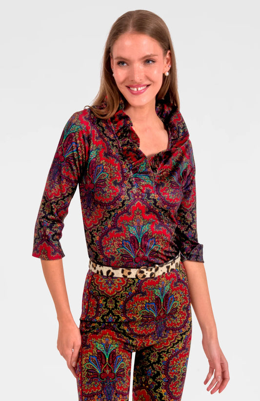 Ruffneck Top with 3/4 Sleeve in Black Paisley
