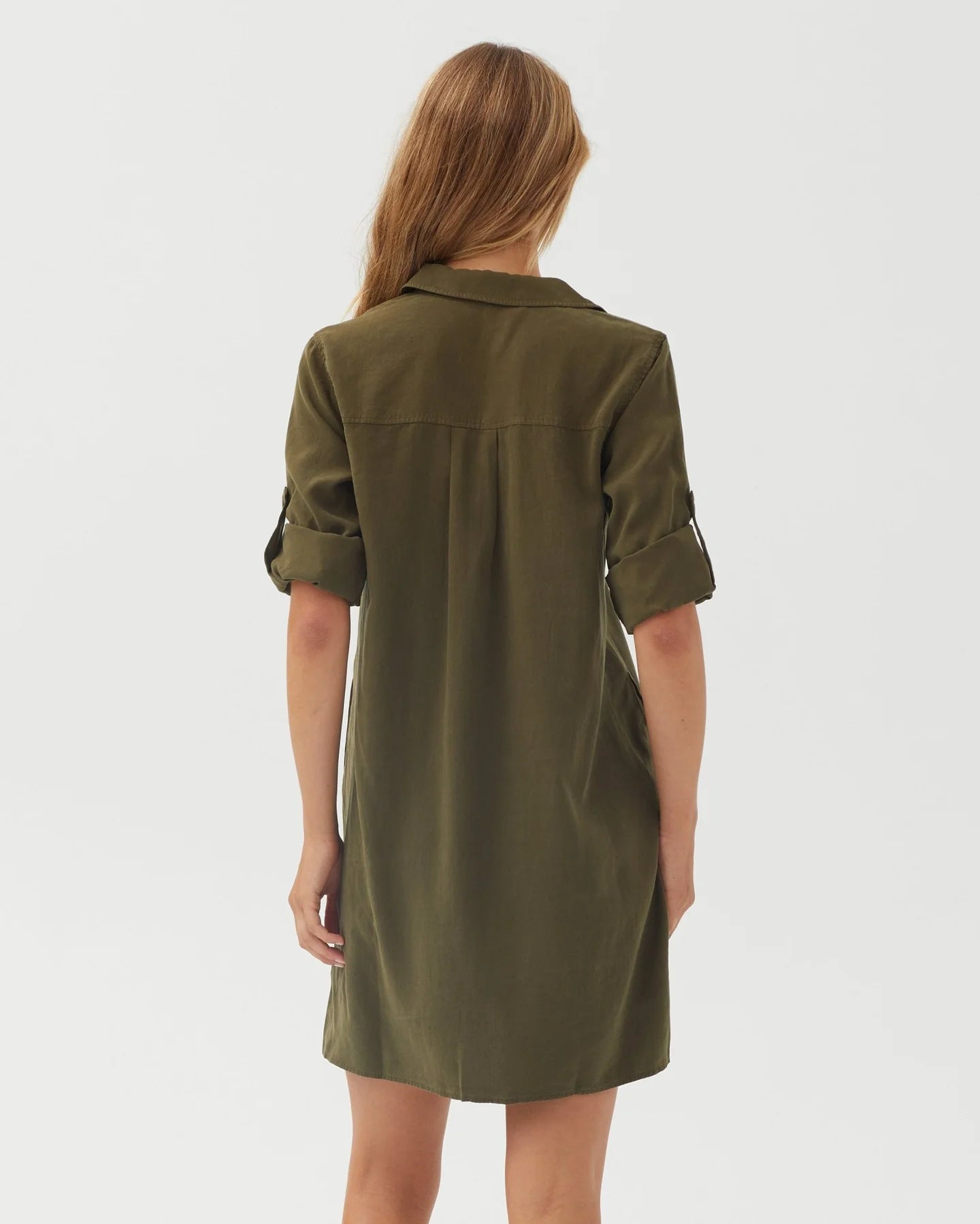 A Line Rolled Tab Sleeve Dress in Olive Night