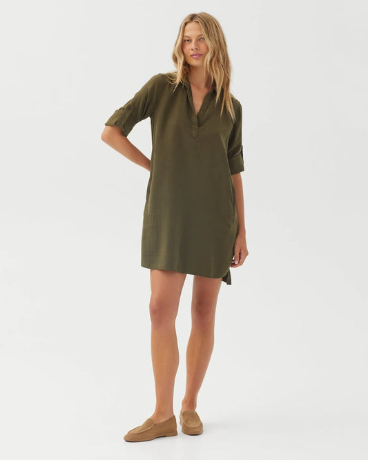 A Line Rolled Tab Sleeve Dress in Olive Night