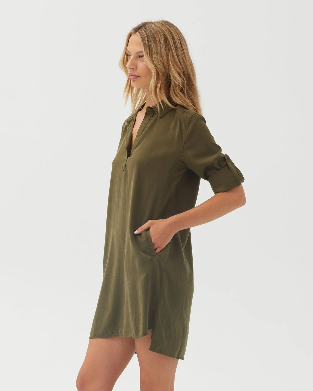 A Line Rolled Tab Sleeve Dress in Olive Night