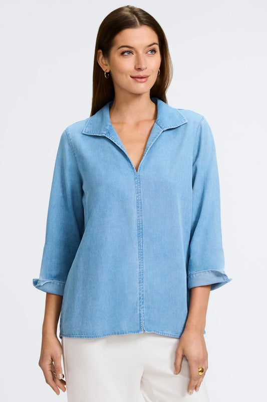 Agnes 3/4 Sleeve Denim Shirt - Tops-Novelty/Cut & Sewn