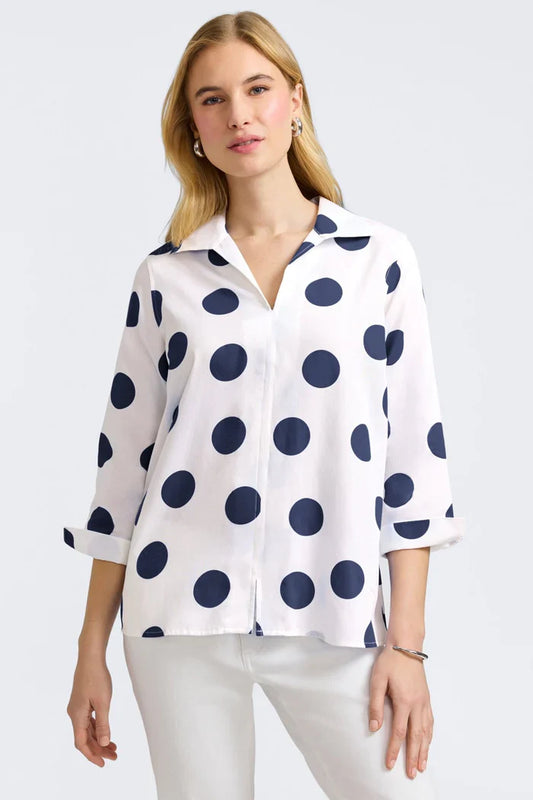 Agnes 3/4 Sleeve Dot Shirt - XS / White/Navy - Tops-Woven/Blouses