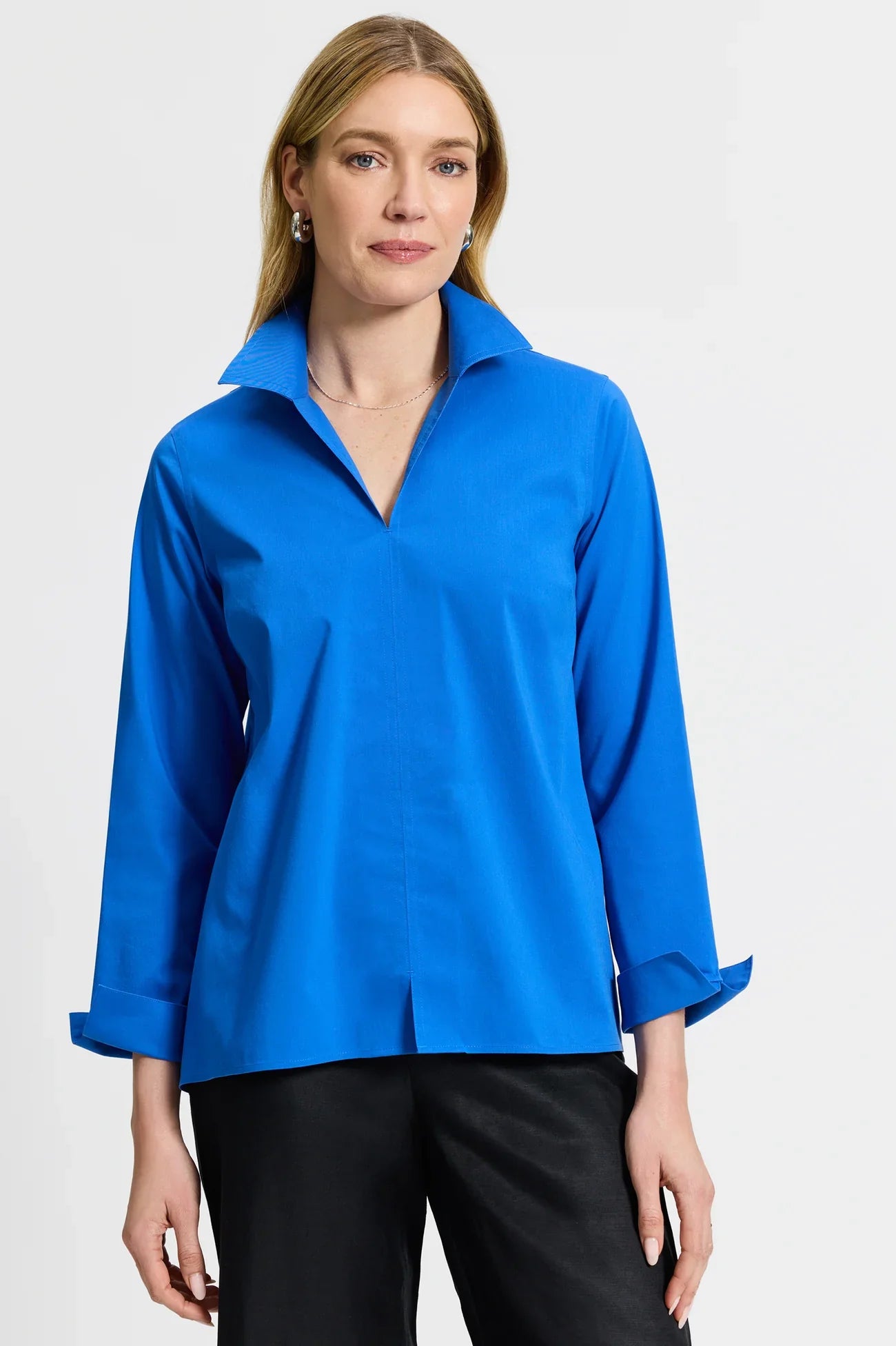 Agnes Stretch No Iron Popover Shirt - XS / Cobalt Blue - Tops-Woven/Blouses