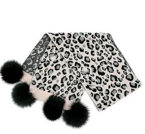 Animal Print Scarf with Poms - Accessories