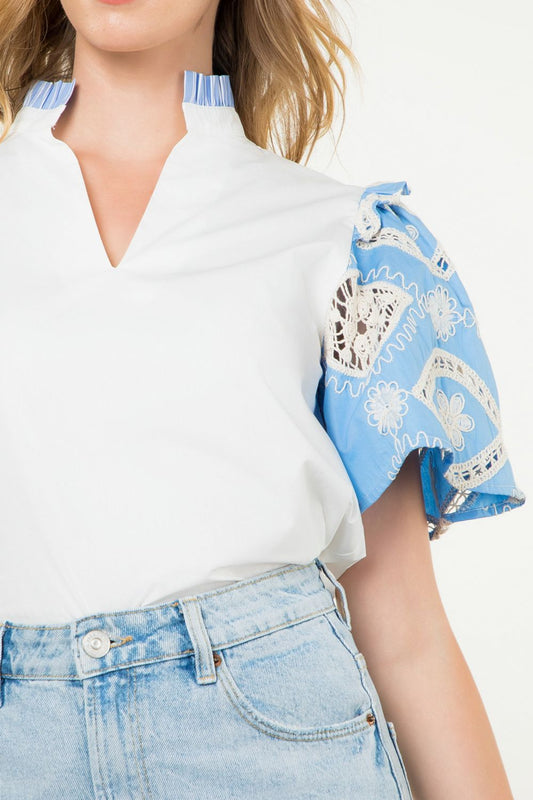Blue and White Puff Sleeve Top - Tops-Novelty/Cut & Sewn