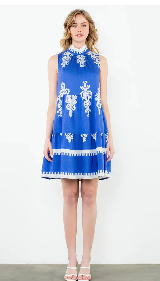 Blue and White Tiered Dress - Dress