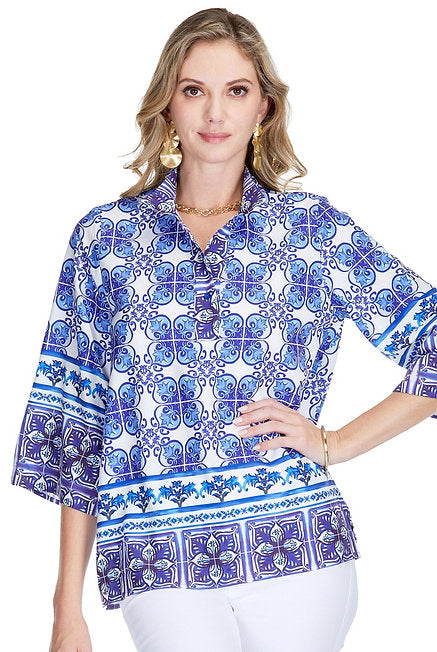 Blue Damask Blouse - Tops-Novelty/Cut & Sewn