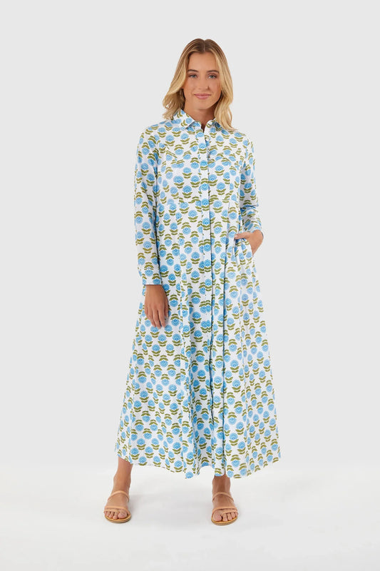 Classic Shirtdress in Blue Motif - Dress