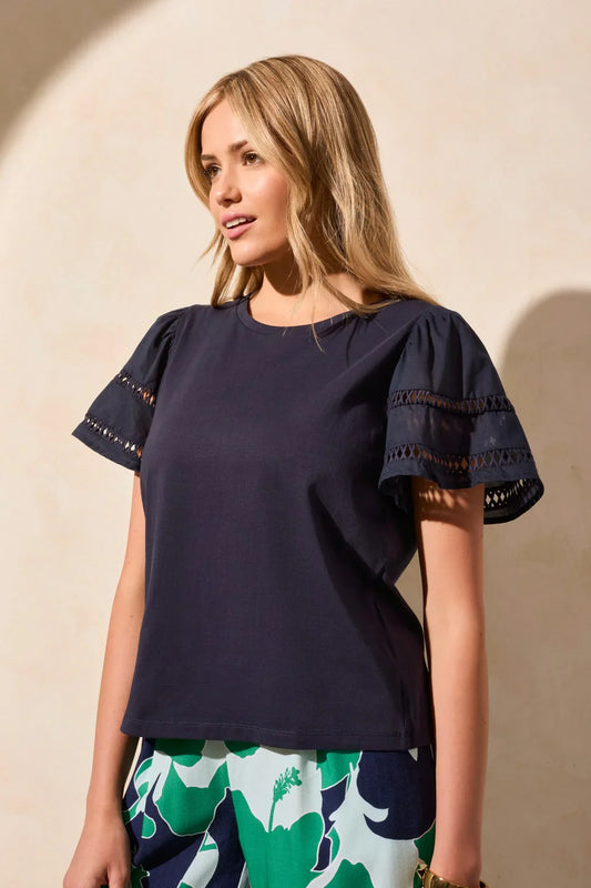 Cotton Jersey Flutter Sleeve Crew Neck Top - Small / Jet Blue - Tops-Novelty/Cut & Sewn