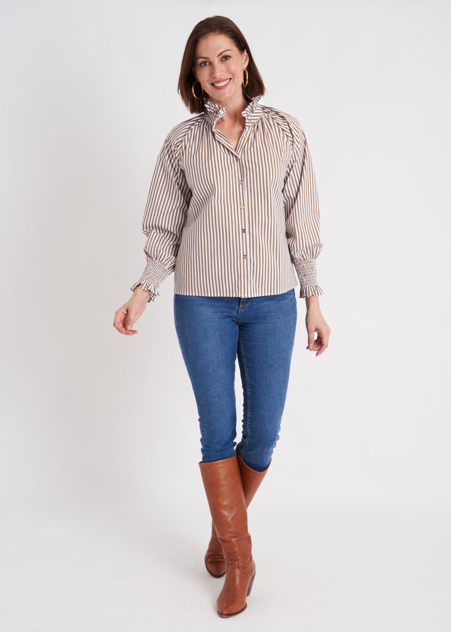 Frau Blouse in Taupe Stripe - Tops-Novelty/Cut & Sewn