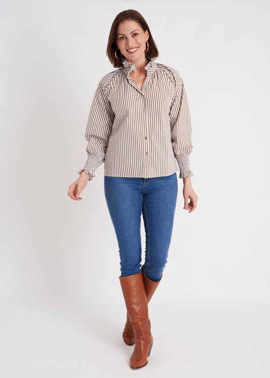Frau Blouse in Taupe Stripe - Tops-Novelty/Cut & Sewn