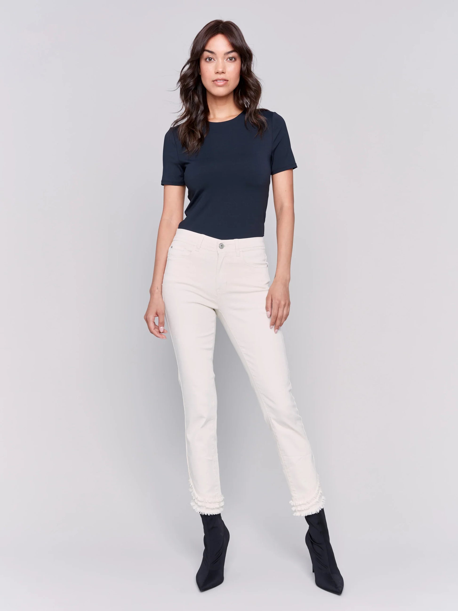 Frayed Hem Denim Pants - Denim