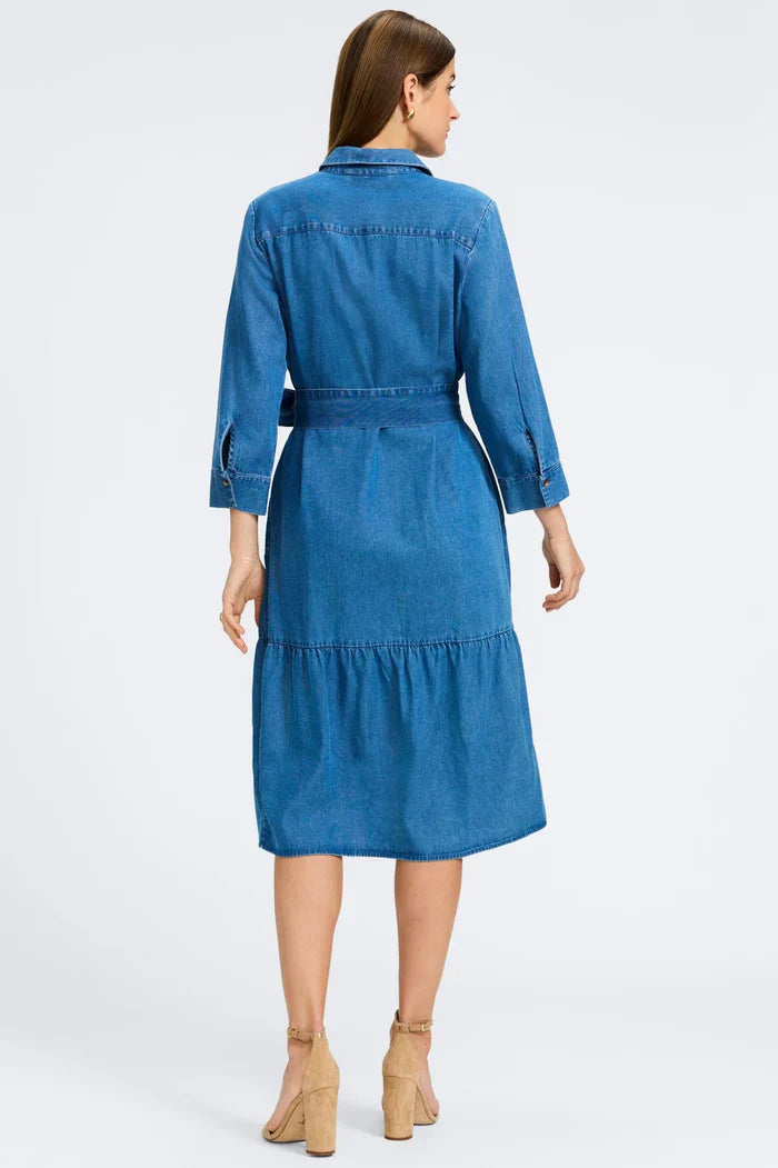 three quarter sleeve denim dress Three Quarter Sleeve Belted Denim Shirt Dress Medium Wash