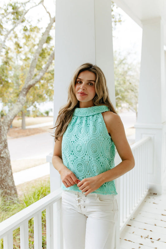 Mint Eyelet Cowl Neck Top